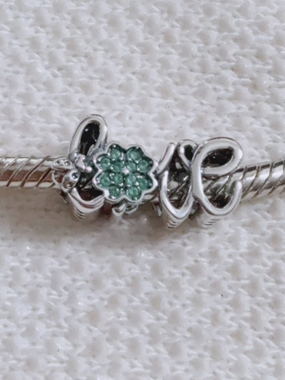 Love Green CZ Clover Charm Featuring Flower and Lady Bug For Pandora Bracelet